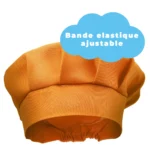 Le « Tablier de Cuisine pour Enfants » est composé d'une toque de chef orange avec une bande élastique ajustable, idéale pour les jeunes passionnés de cuisine. Il est élégamment placé sur un fond en forme de nuage avec le texte français : « Bande élastique ajustable », ce qui le rend parfait pour les aventures culinaires des enfants.