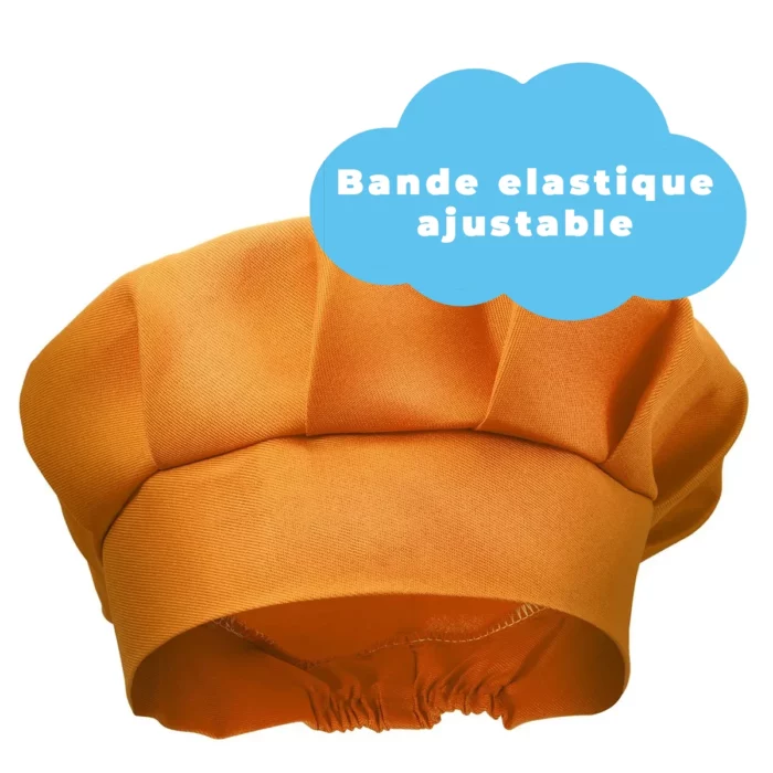 Le « Tablier de Cuisine pour Enfants » est composé d'une toque de chef orange avec une bande élastique ajustable, idéale pour les jeunes passionnés de cuisine. Il est élégamment placé sur un fond en forme de nuage avec le texte français : « Bande élastique ajustable », ce qui le rend parfait pour les aventures culinaires des enfants.