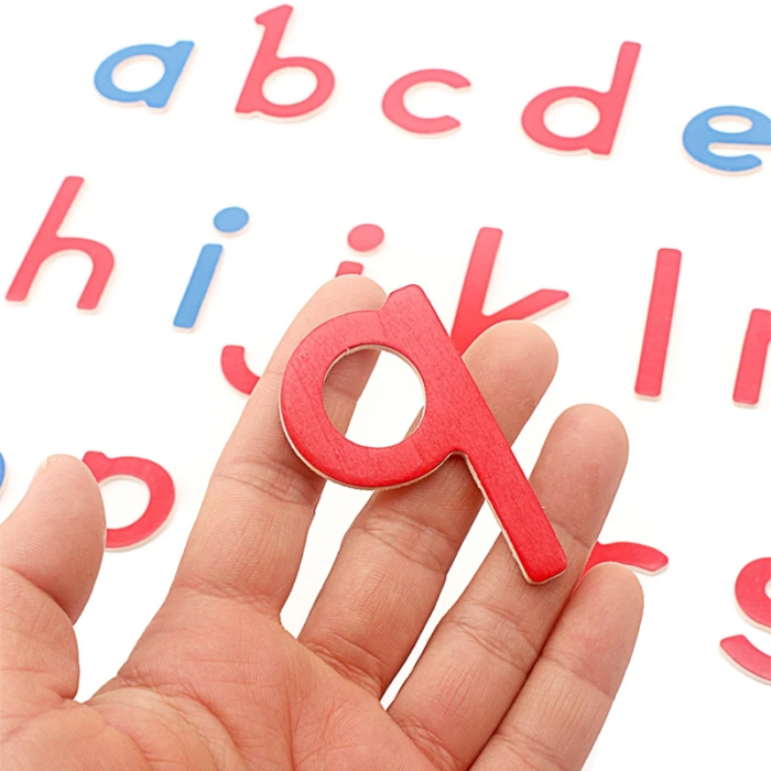 Une main tient un « q » minuscule rouge de l'alphabet en bois Montessori, avec d'autres lettres en bois dispersées en arrière-plan. Nom du produit : Alphabet en bois rouge et bleu Montessori.