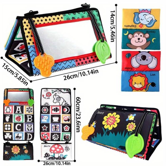 Le Miroir de ventre jeu Montessori est un coffret d'activités coloré pour bébé avec des feuilles texturées, des illustrations d'animaux, des motifs en noir et blanc et deux dimensions de miroir : 26 cm x 15 cm x 14 cm et 60 cm x 14 cm. Parfait pour enrichir votre collection Montessori.