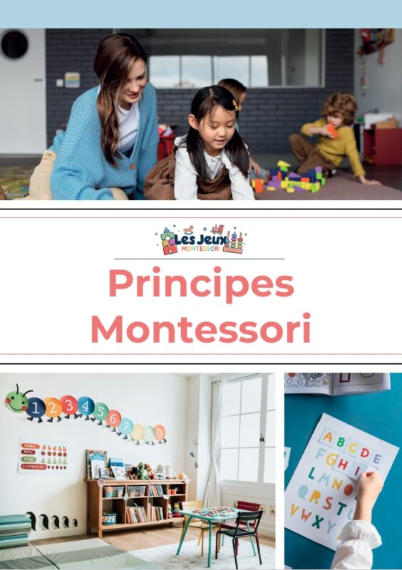 Un collage montre des enfants utilisant des jouets éducatifs, une salle de classe animée et un enfant traçant des lettres. Le texte central indique « Guide complet des principes Montessori », mettant l'accent sur la pédagogie Montessori qui inspire les parents et les éducateurs.