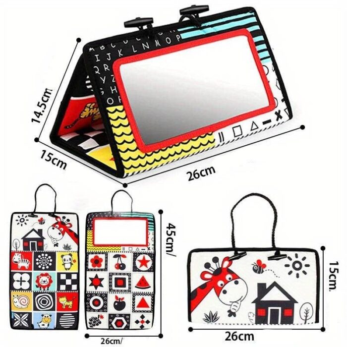 Le Miroir de ventre jeu Montessori est un tapis de jeu pliable pour bébé aux motifs noirs et blancs, aux dessins colorés et inspiré des principes Montessori. Mesurant 26 cm x 15 cm, il comprend un alphabet, des formes et des imprimés d'animaux pour encourager l'exploration sur le ventre.