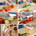 Sur une planche à découper en bois, divers couteaux tranchent avec précision tomates, concombres, pommes de terre, fraises et poivrons. Parfait pour votre Page d’atterrissage créée avec Elementor. #118938.