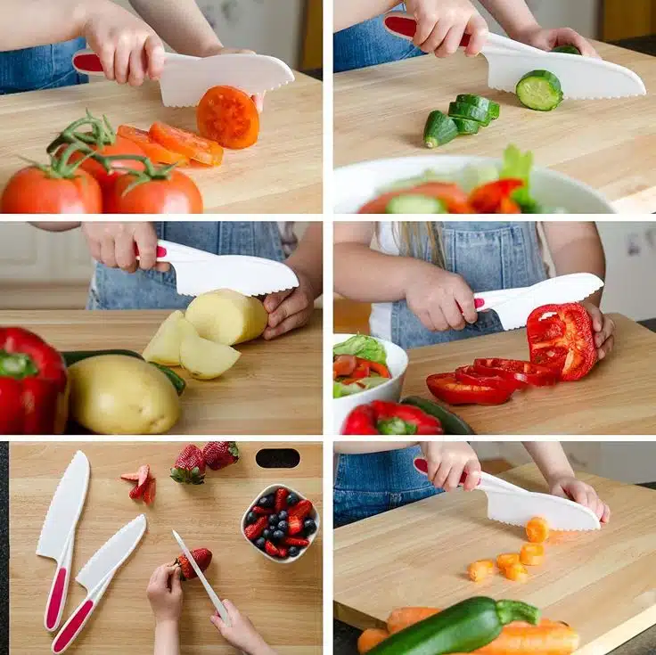 Sur une planche à découper en bois, divers couteaux tranchent avec précision tomates, concombres, pommes de terre, fraises et poivrons. Parfait pour votre Page d’atterrissage créée avec Elementor. #118938.