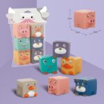 Six Cubes d’éveil bébé en silicone – Animaux, en forme d’animaux colorés et mesurant 5 cm x 6 cm x 5 cm, sont soigneusement présentés dans un emballage en filet, parfait pour les mains curieuses de bébé.