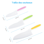 Image du Coffret 3 Pièces Couteaux Enfants présentant trois couteaux en plastique avec des manches colorés en rose, vert et jaune. Leurs longueurs sont de 21,9 cm, 24,5 cm et 27,4 cm, parfaites pour des aventures culinaires sûres et ludiques pour les enfants.