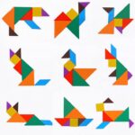 Le Petit Tangram Bois Couleurs Montessori présente neuf formes animales vibrantes sur fond blanc, réalisées à partir de pièces géométriques. Idéales pour la créativité Montessori, ces créations ajoutent une touche de décoration inspirée du bois à n'importe quel espace grâce à leurs agencements uniques.