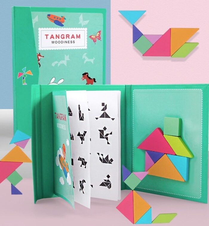 Explorez le monde vibrant du Livre vert de Puzzle Tangram avec cet ensemble de livres captivant, comprenant des pièces colorées et des modèles de conception pour stimuler la créativité.