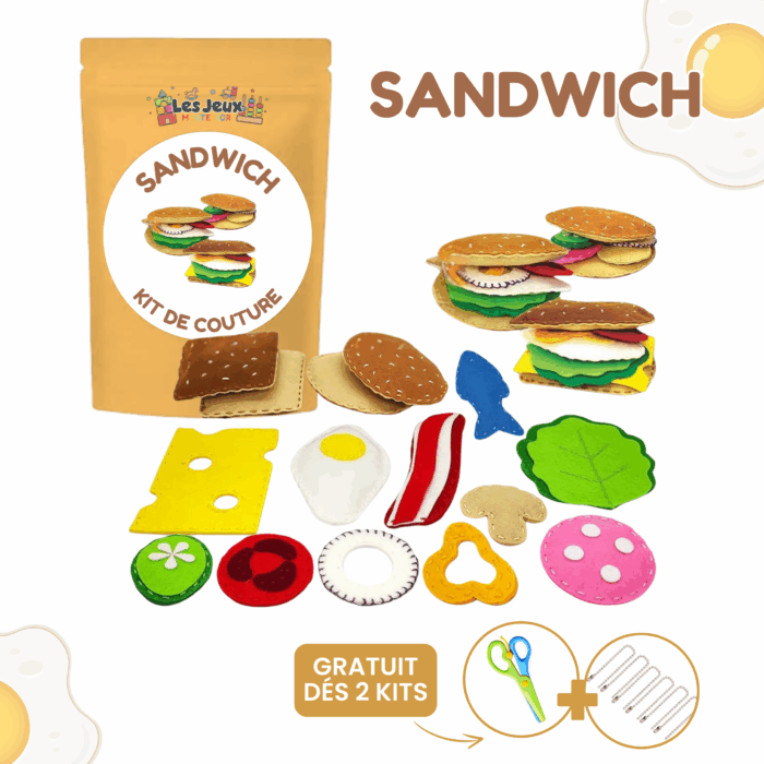 Kit de couture pour confectionner des sandwichs en feutre, notamment du pain, du bacon, du fromage, des légumes et des œufs. Ce kit de couture pour enfants est livré avec emballage et outils de couture : idéal pour des créations DIY créatives !.