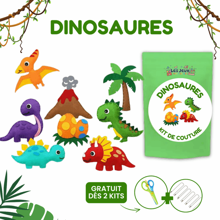 Emballage de kit de couture avec des figurines de dinosaures en feutre coloré, un volcan et des arbres. Présente des images de ciseaux, de fil et d'aiguilles. Le texte indique « Dinosaures Kit de Couture Enfants ». Idéal pour créer des porte-clés à faire soi-même animaux.
