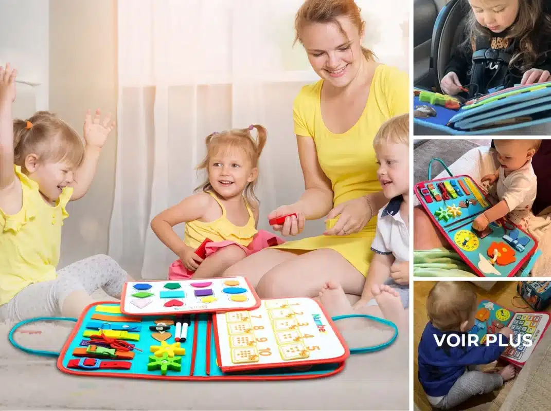 Une femme et trois jeunes enfants jouent avec des livres d'activités éducatifs par terre : de superbes cadeaux pour petits-enfants ! Des images plus petites montrent des enfants lisant des livres similaires dans des contextes variés, ce qui rend ces livres de cadeaux 2025 idéaux.