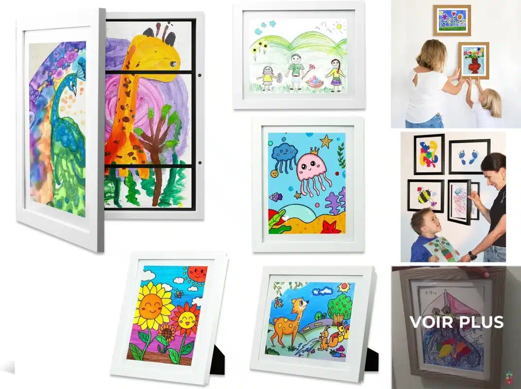 Un collage de dessins colorés d'enfants dans des cadres blancs, avec des adultes et des enfants admirant l'art, parfait comme cadeaux pour petits-enfants ou comme l'un des meilleurs cadeaux 2025.