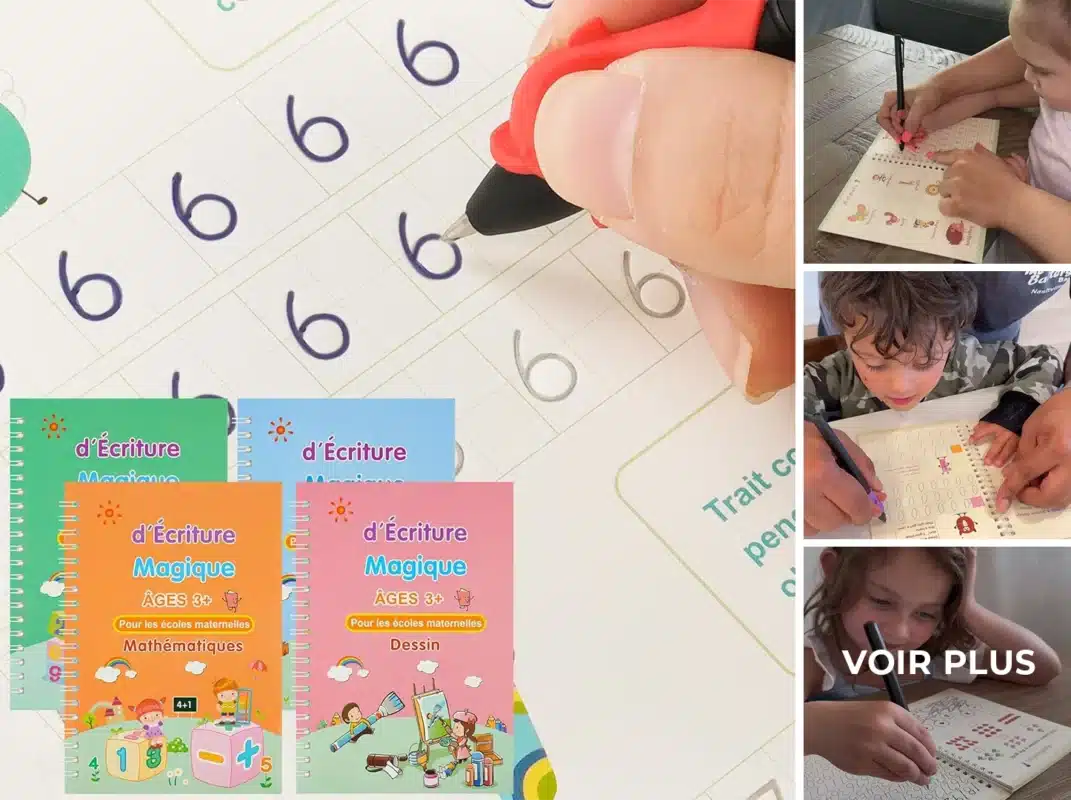 Enfants pratiquant des exercices d'écriture manuscrite et de mathématiques dans des cahiers d'exercices : gros plan sur le traçage des nombres, avec des couvertures de livres pédagogiques pour les 3 ans et plus. Parfait pour idées cadeaux enfants ou cadeaux petits-enfants !.