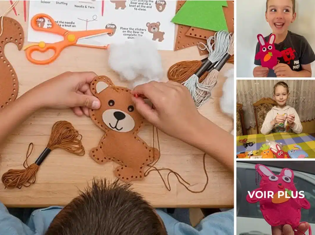 Un enfant coud un ours en feutre sur une table avec des fournitures, tandis que d'autres enfants présentent des animaux en feutre terminés dans des images séparées - des idées de cadeaux parfaites pour les petits-enfants et parmi les meilleurs cadeaux 2025.