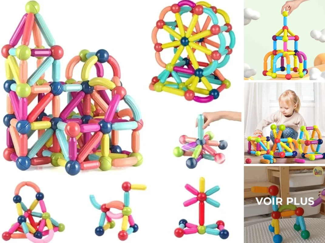 Des bâtons et des boules de construction magnétiques en plastique colorés forment des structures créatives, avec un enfant jouant dans les images latérales - un choix idéal parmi les meilleurs cadeaux 2025 pour les petits-enfants créatifs.
