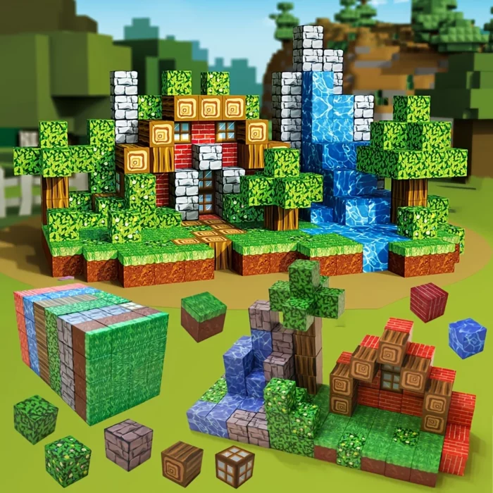 L'œuvre numérique de style bloc de « Mine Blocks - L'univers virtuel dans la vie réelle » présente une maison, des arbres et une cascade avec des cubes texturés au premier plan, évoquant des mondes virtuels immersifs de type Minecraft.