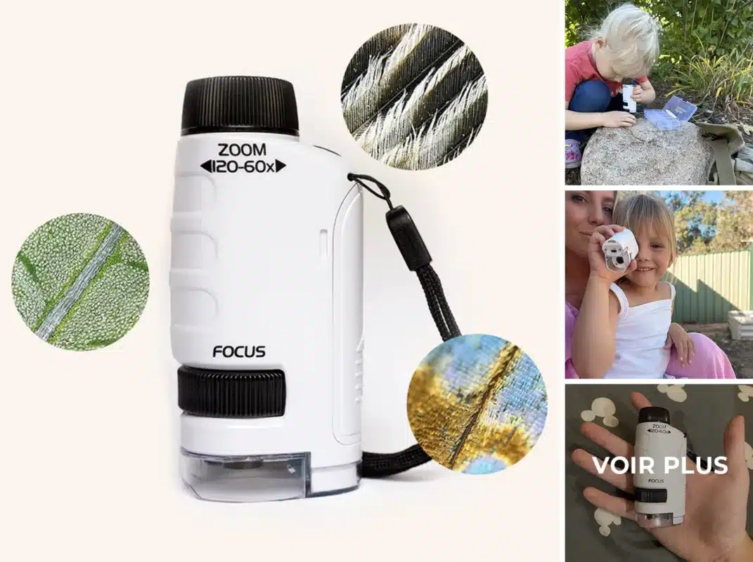 Microscope portatif blanc avec étiquette « Zoom 120-60x », entouré d'images en gros plan de textures naturelles et d'enfants utilisant l'appareil à l'extérieur - l'un des meilleurs cadeaux 2025 pour les petits-enfants curieux.