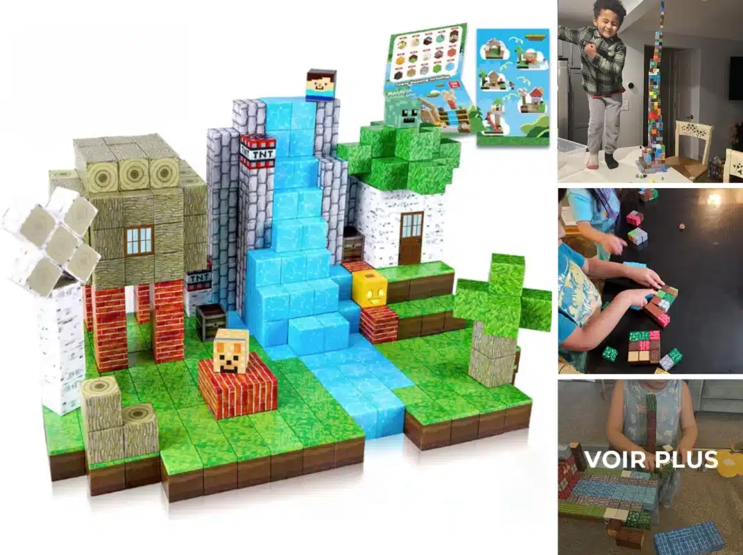 Un ensemble de blocs de construction ressemblant à une scène Minecraft, parfait comme l’un des meilleurs cadeaux 2025 pour les petits-enfants, avec des enfants assemblant et jouant de manière créative avec les blocs.