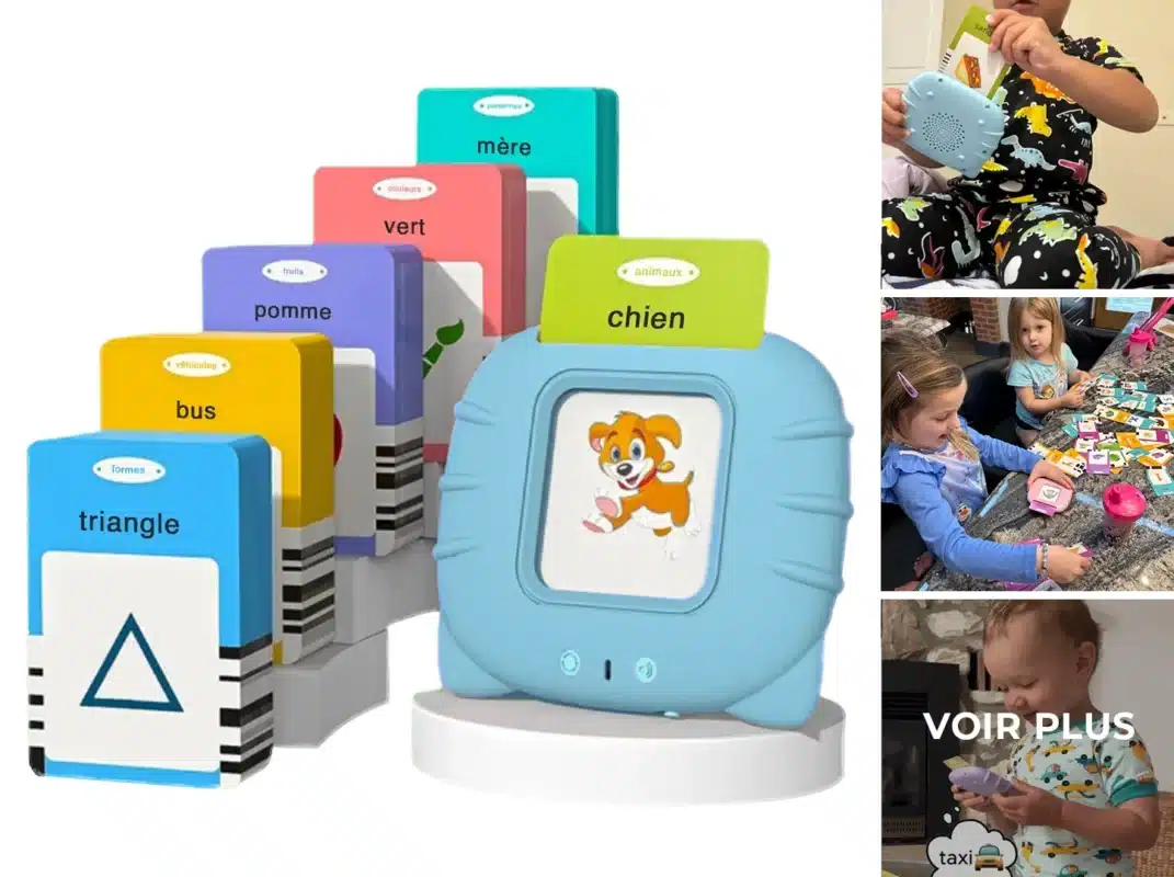 Un appareil d'apprentissage électronique pour enfants avec des cartes illustrées comportant des mots, des formes et des couleurs en français - l'un des meilleurs cadeaux 2025 et parfait pour un jeu interactif dans divers contextes.