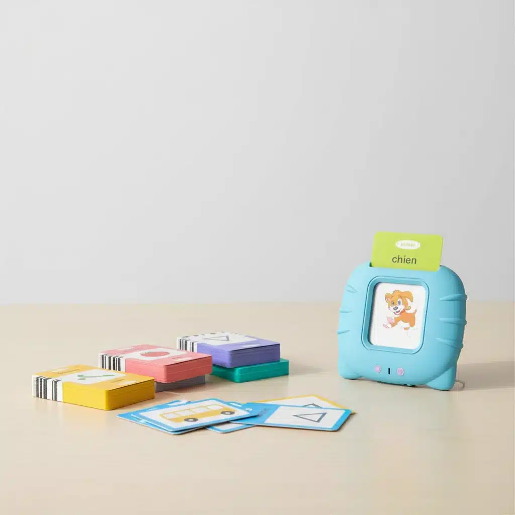 Un appareil électronique bleu affiche un chien de dessin animé et une carte intitulée "chien". Quatre piles de flashcards colorées sont disposées sur une surface en bois clair à côté de l'appareil.